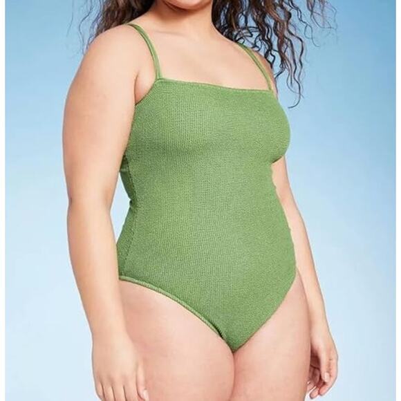 Shade & Shore Square Neck Textured One Piece Swimsuit Green Large - Picture 1 of 8